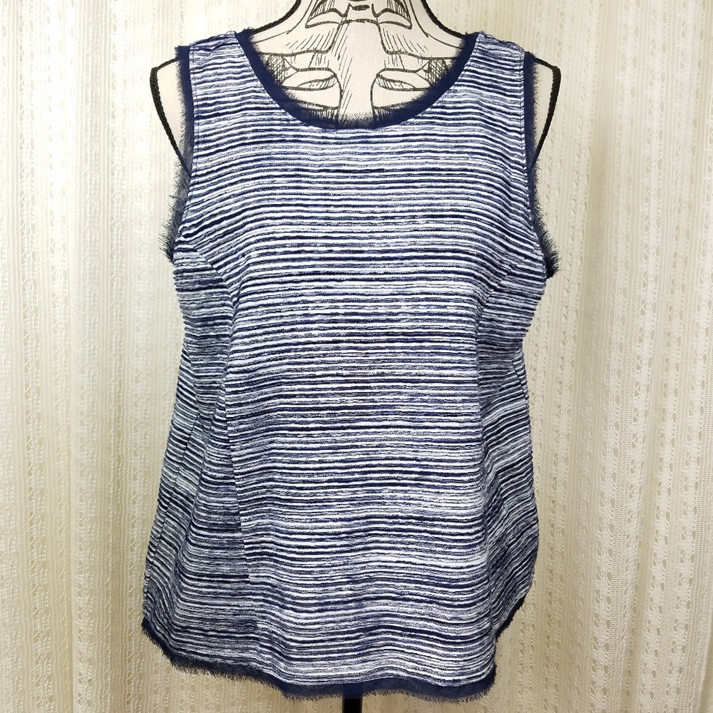 Vanessa Virginia ANTHRO Striped Navy Tank Top Ruffle Trim Size Large